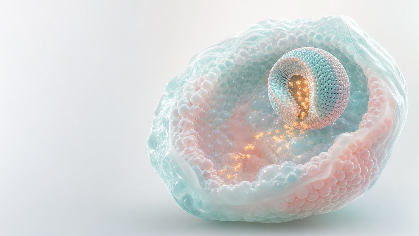 Pastel lipid nanoparticle opening inside a translucent cellular vesicle with warm payload signal points