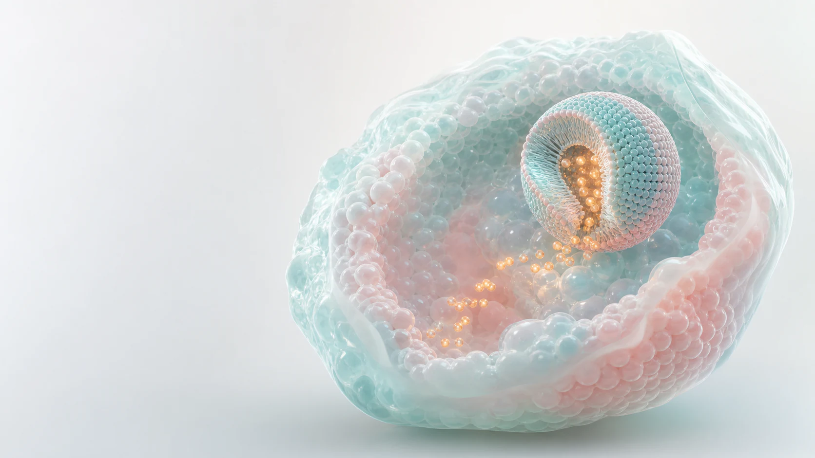 Pastel lipid nanoparticle opening inside a translucent cellular vesicle with warm payload signal points