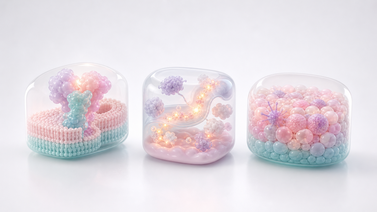 Three translucent pastel mechanism animation scene modules showing receptor binding, pathway signaling and tissue context on a light studio background