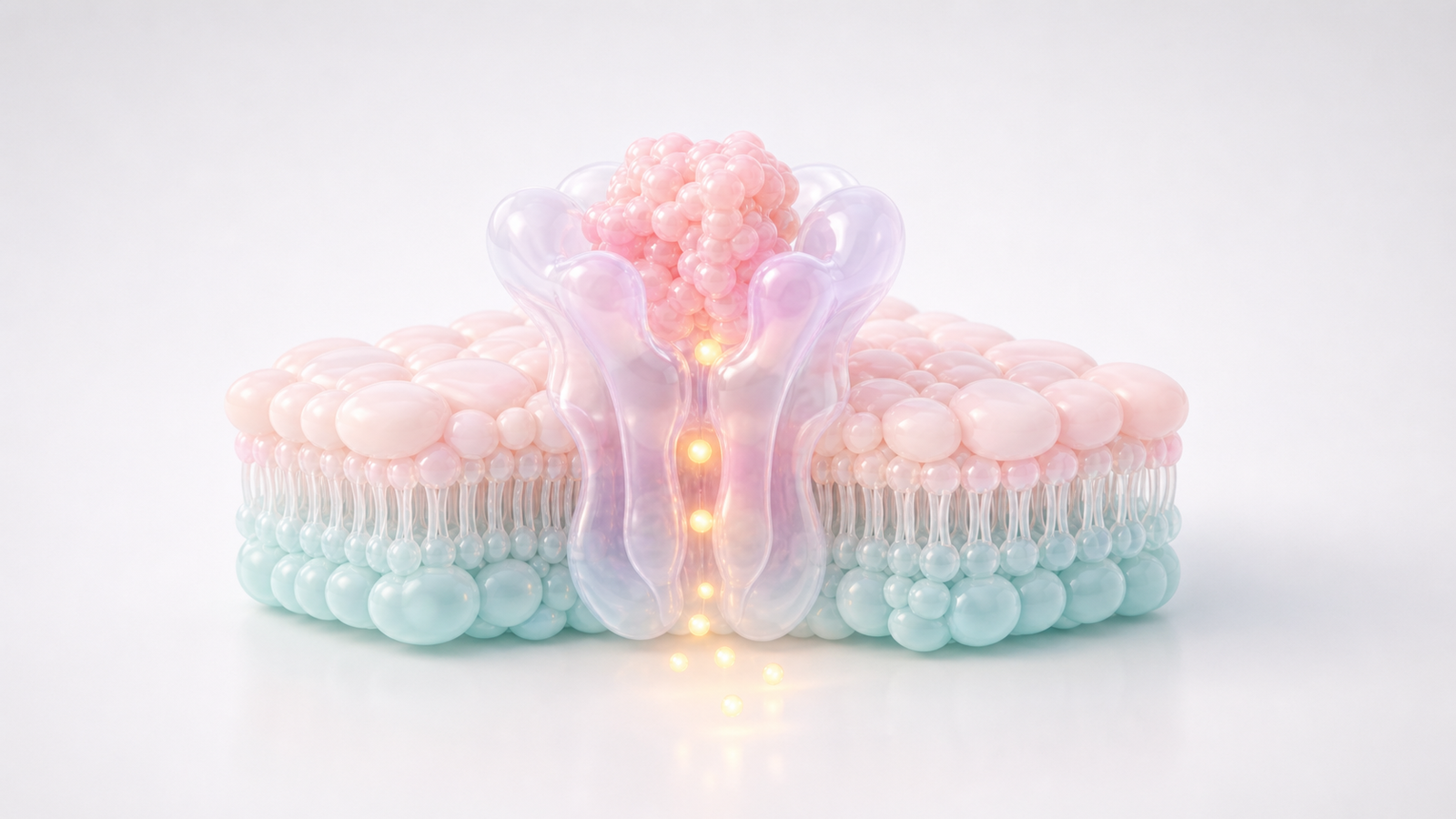 A glossy pastel therapeutic molecule engages a translucent receptor in a soft cell membrane with warm pathway signal lights