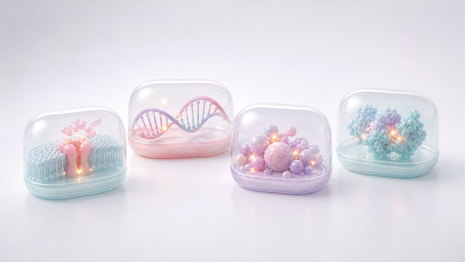 Four translucent glass pods containing pastel receptor, nucleic acid, cellular and protein mechanism visuals in a clean studio render