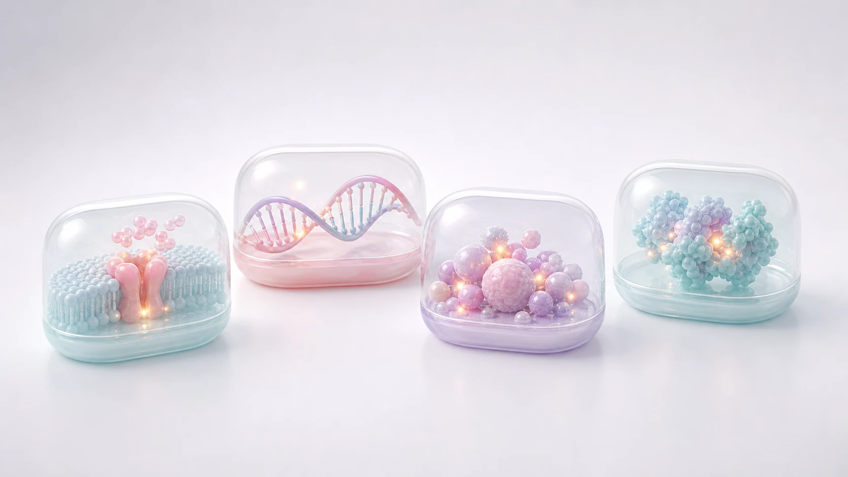 Four translucent glass pods containing pastel receptor, nucleic acid, cellular and protein mechanism visuals in a clean studio render