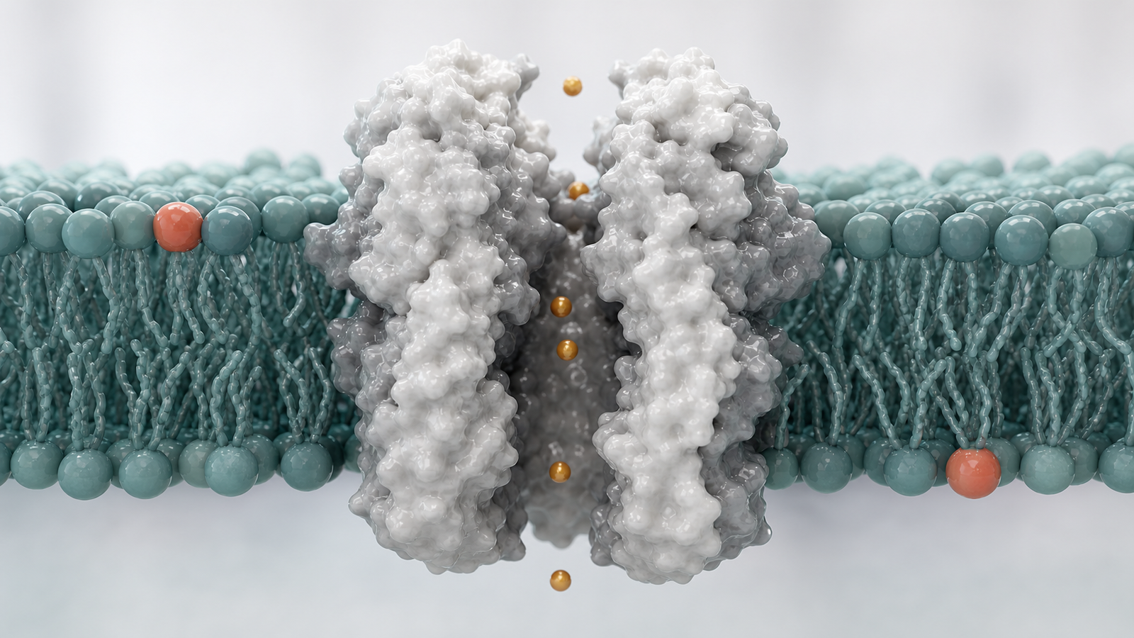 Wide 3D render of an ion channel protein open in a teal lipid bilayer with amber ions passing through.