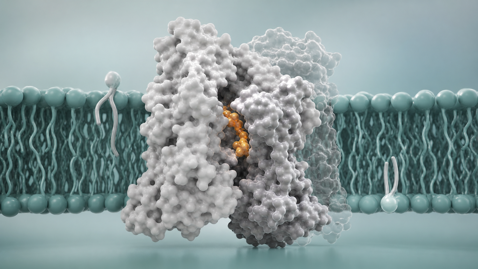 Wide 3D render of a transporter protein with an amber substrate inside a membrane passage.