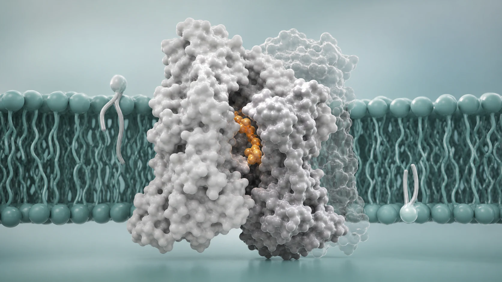 Wide 3D render of a transporter protein with an amber substrate inside a membrane passage.