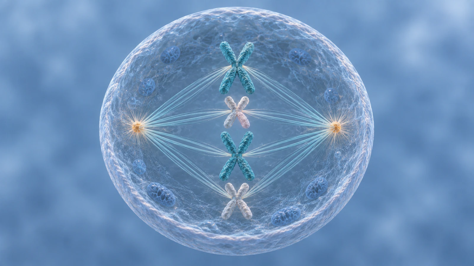 Four replicated chromosomes aligned between opposite spindle poles in a conceptual animal-cell metaphase cutaway.
