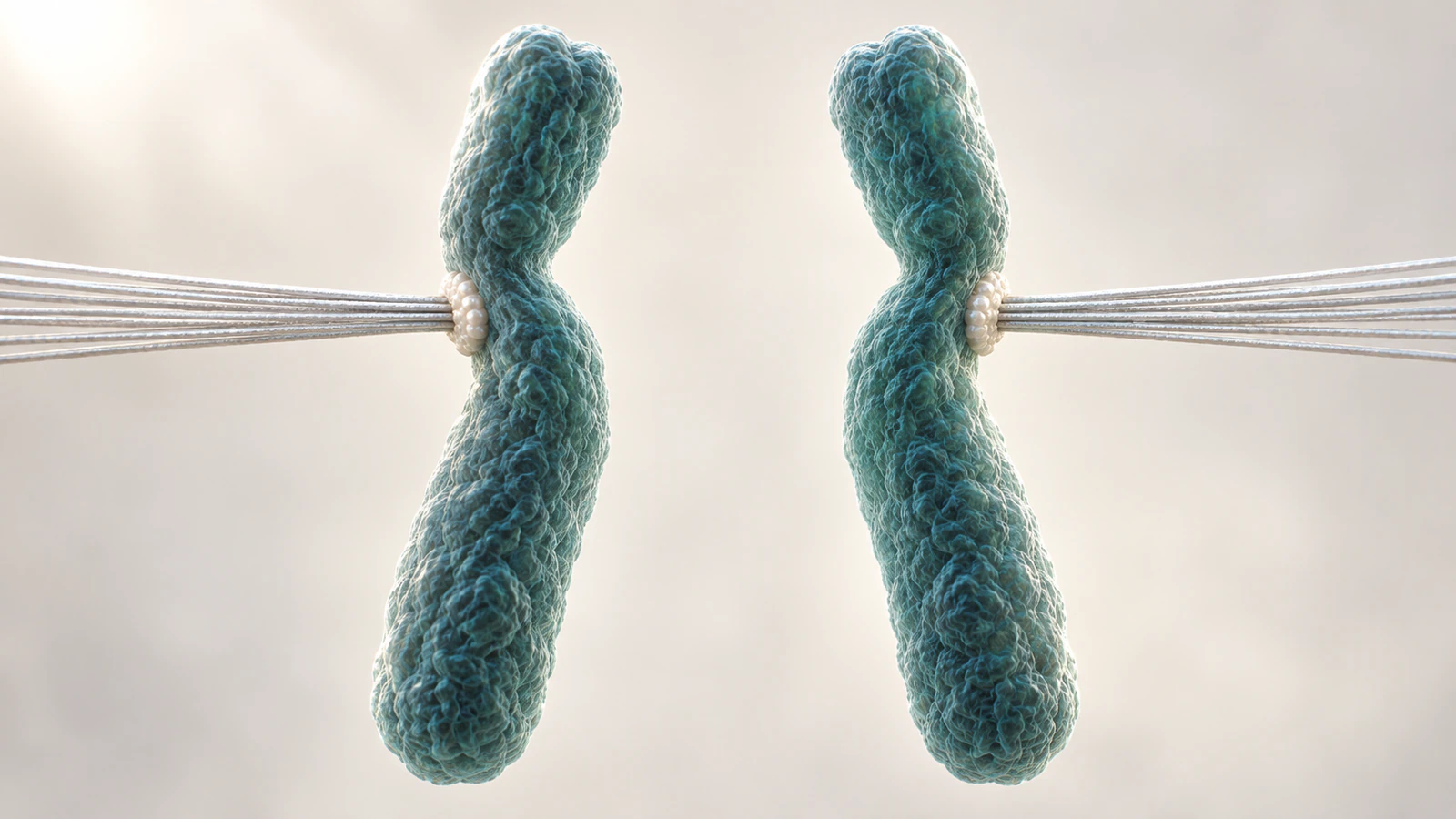 Two separated teal daughter chromosomes with outward-facing kinetochore attachments and spindle fibers.
