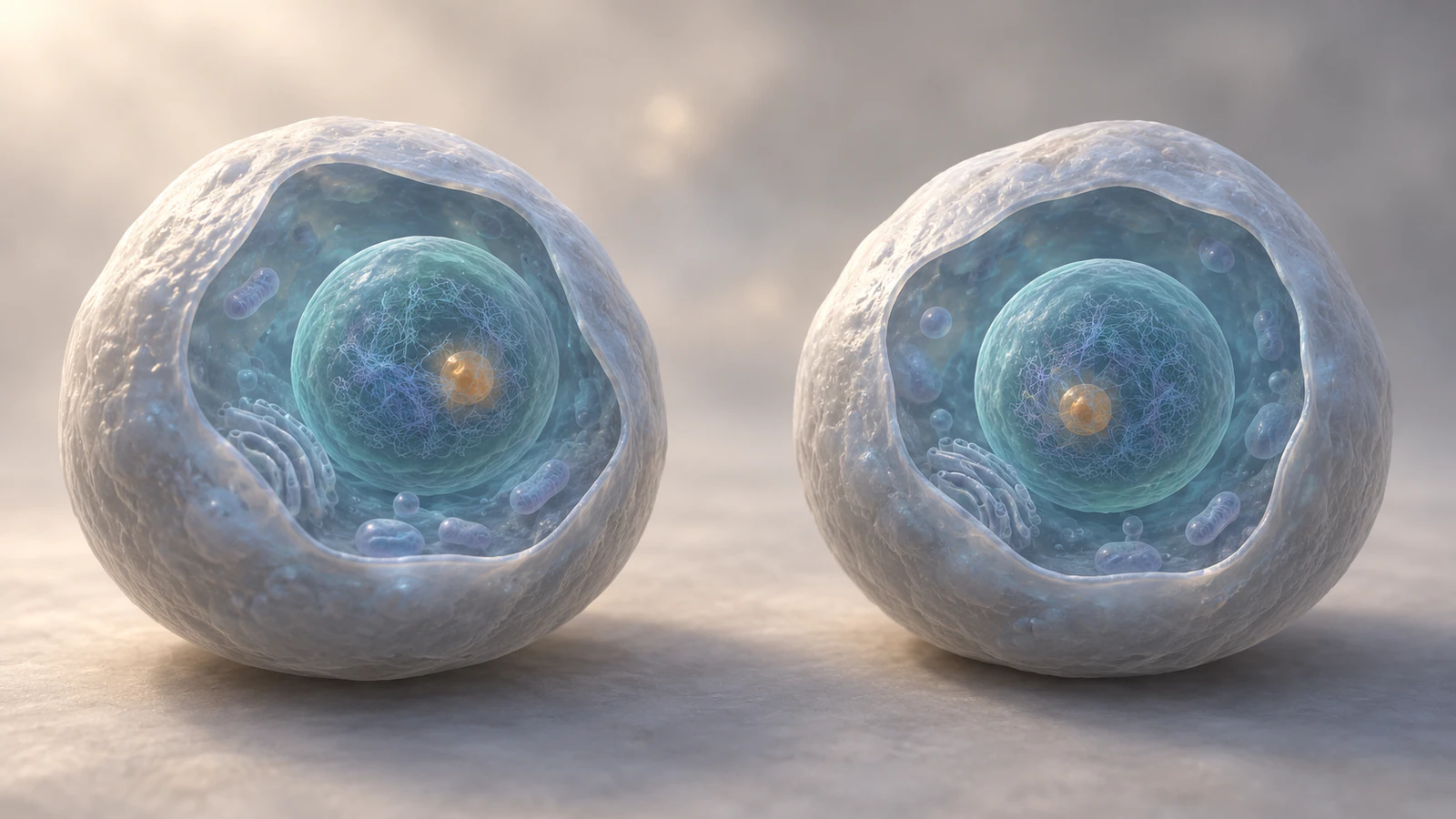 Two separate conceptual animal daughter cells, each with a reformed nucleus containing decondensing chromatin.