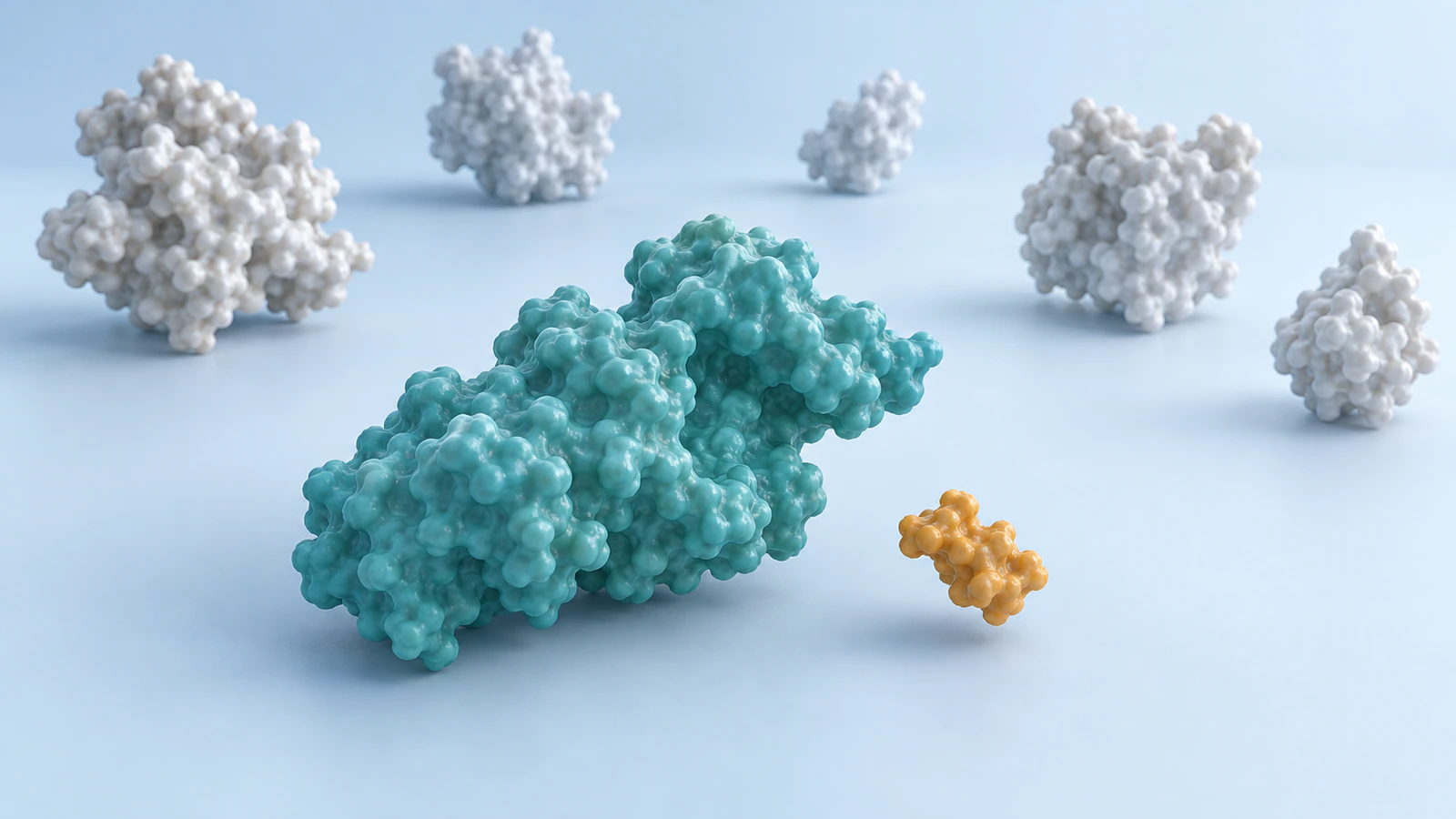 Teal elongated target and smaller amber ligand stand apart from five pearl background protein-like forms.