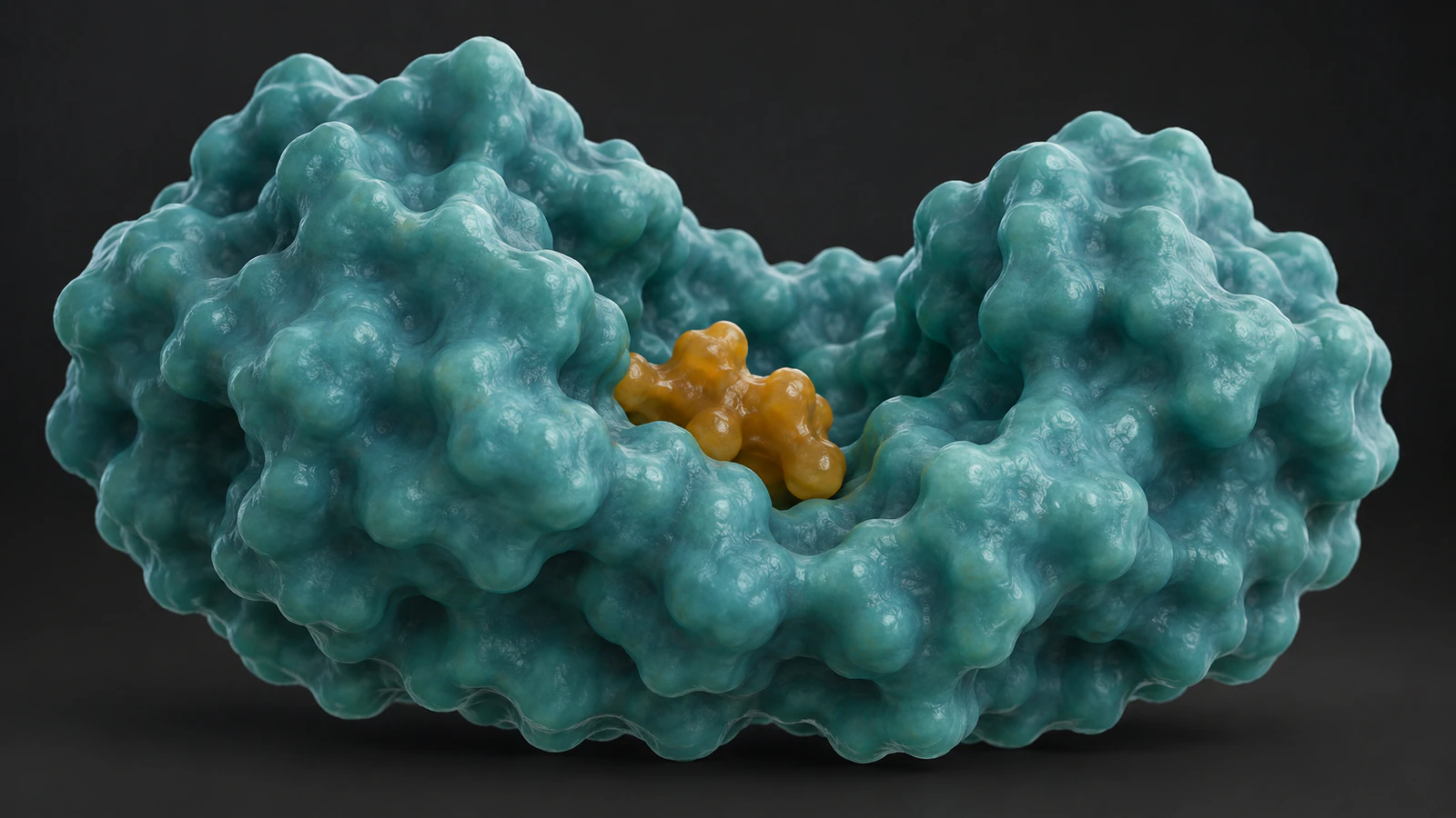Small amber ligand occupies a shallow cleft in a teal conceptual protein surface against graphite.