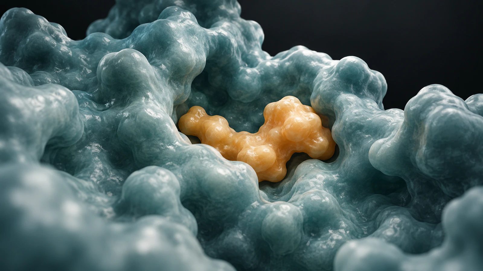 An amber ligand-like surface sits within a larger teal protein pocket without a connecting bond