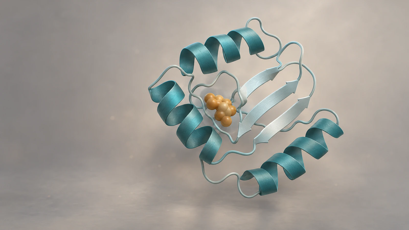 A teal protein ribbon surrounds a small amber ligand-like object at its central pocket