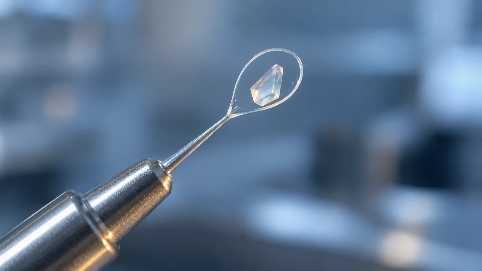 A small angular crystal supported within a nylon cryoloop on a metal stem
