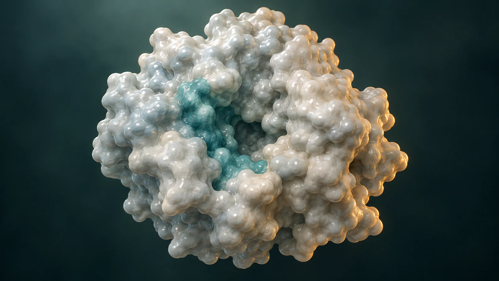 Conceptual pearl protein surface with a teal patch along an exposed cleft