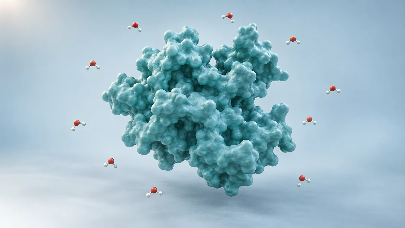 Conceptual teal protein surface surrounded by a sparse selection of bent water molecules