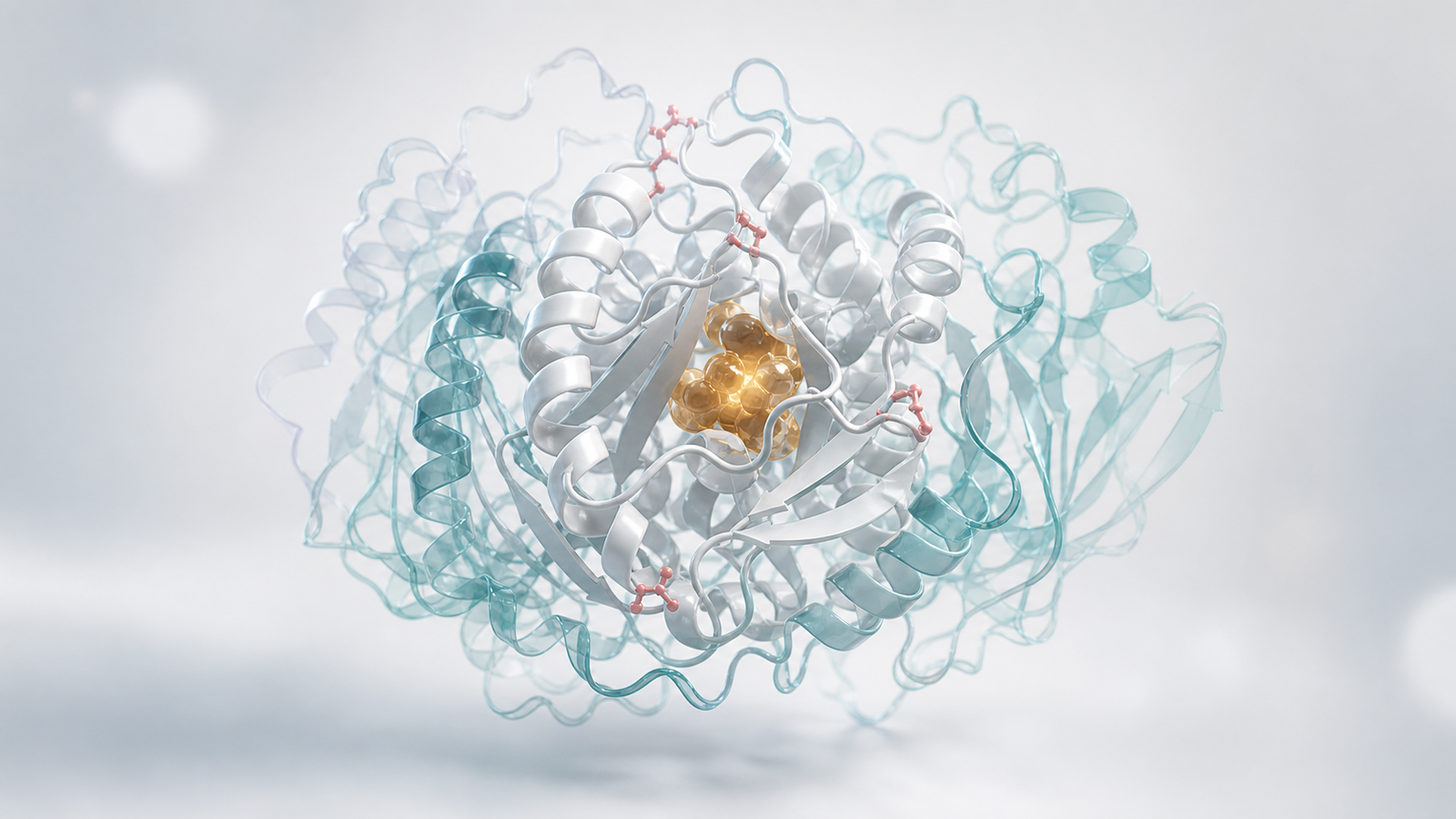 Wide 3D render of a protein ribbon ensemble with transparent conformational states and a highlighted active site.