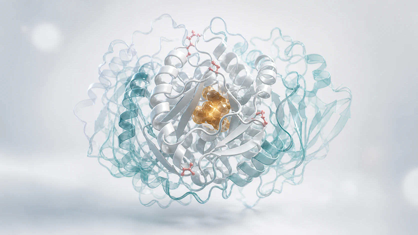 Wide 3D render of a protein ribbon ensemble with transparent conformational states and a highlighted active site.