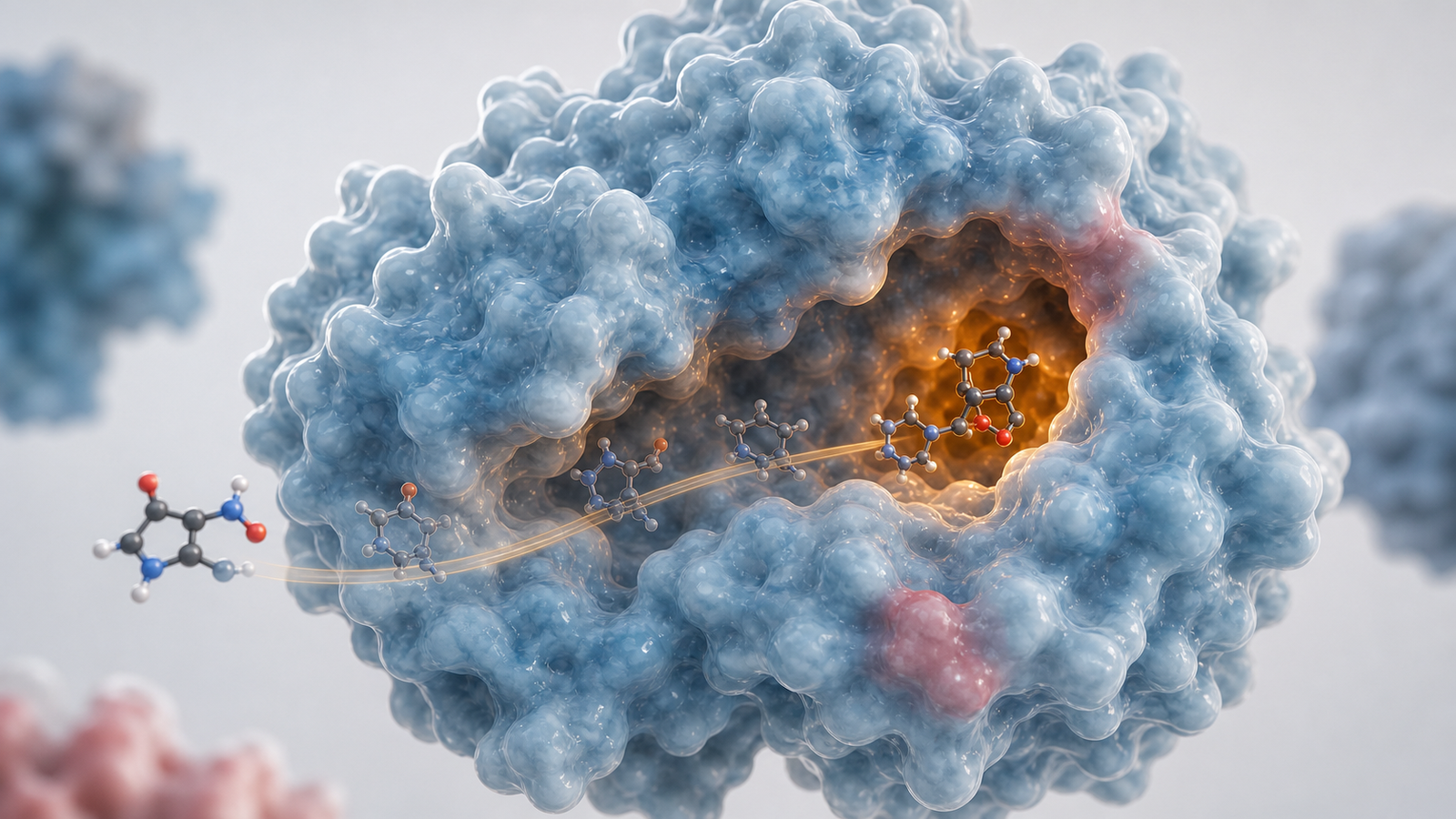 Wide 3D render of a ligand moving along a restrained pathway into a glowing protein binding pocket.