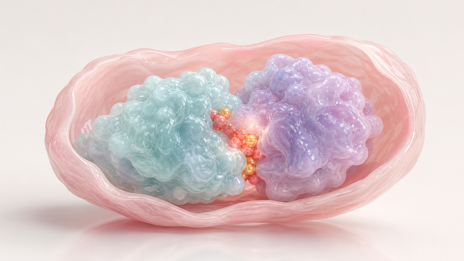 Pastel aqua and lavender protein forms brought together by glossy molecular glue beads inside a translucent pink capsule