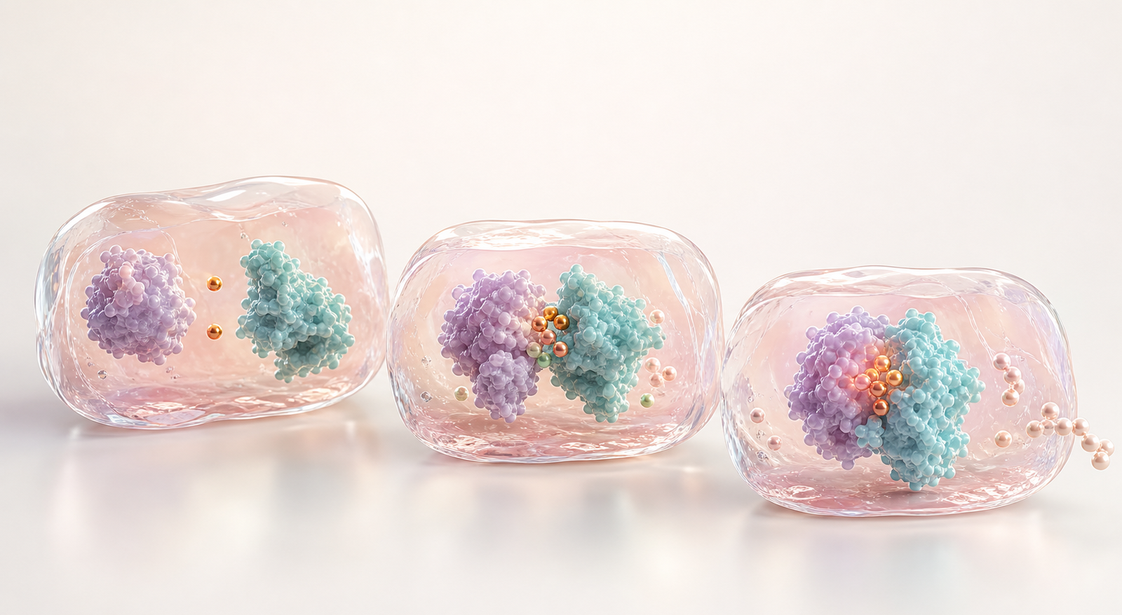 Three translucent biomolecular capsules showing separated proteins, molecular glue recruitment and a stabilized ternary complex
