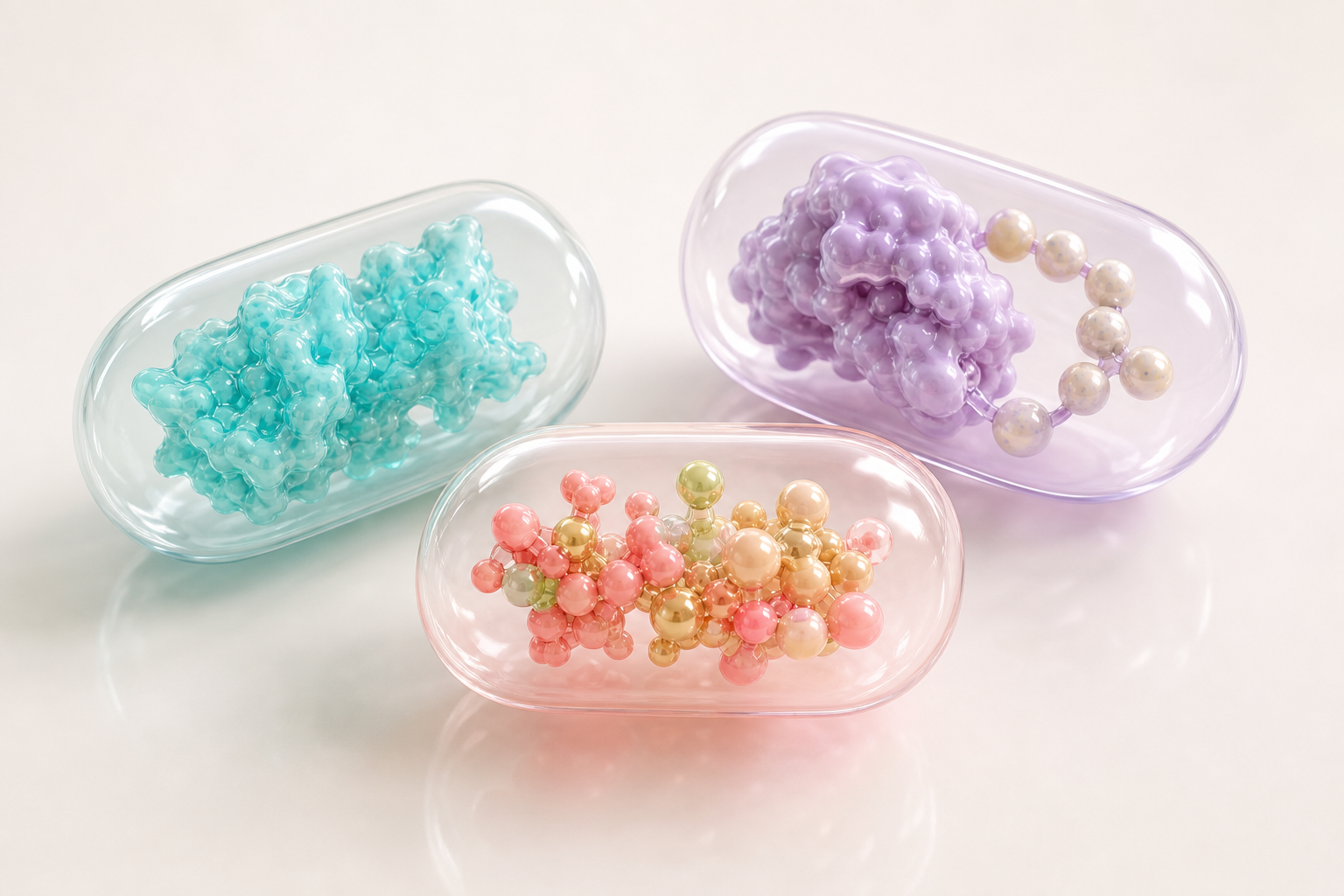 Three translucent capsule modules containing protein forms, ubiquitin-like pearls and molecular glue beads