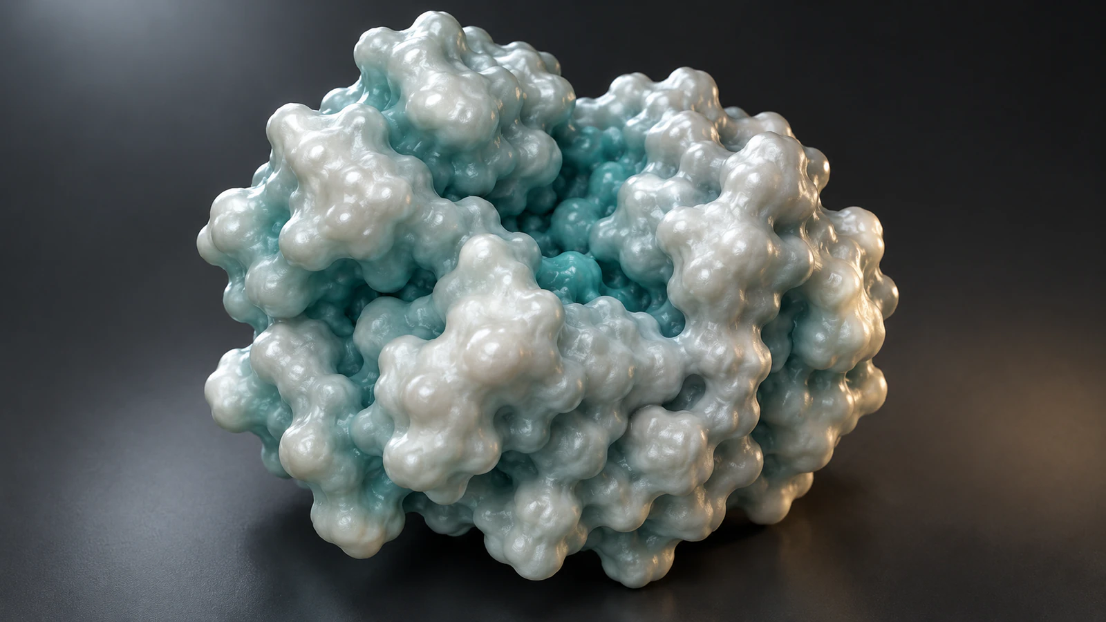Pearl molecular surface with a shallow cleft and teal shading on a graphite background