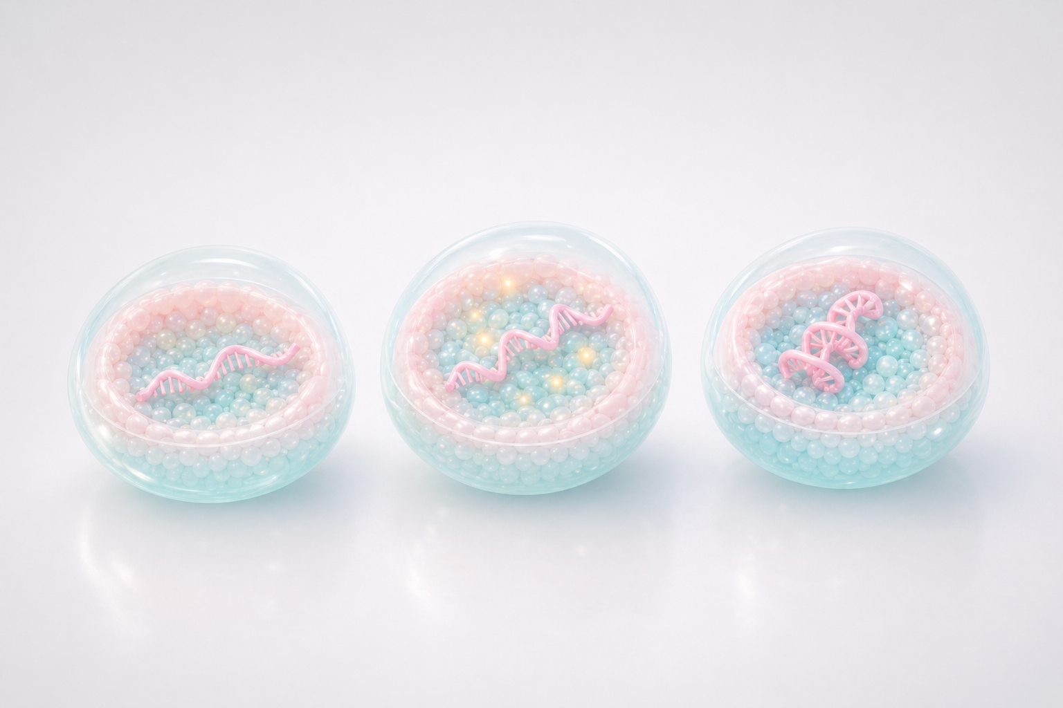 Three translucent pastel lipid nanoparticle vesicles containing simplified mRNA ribbons