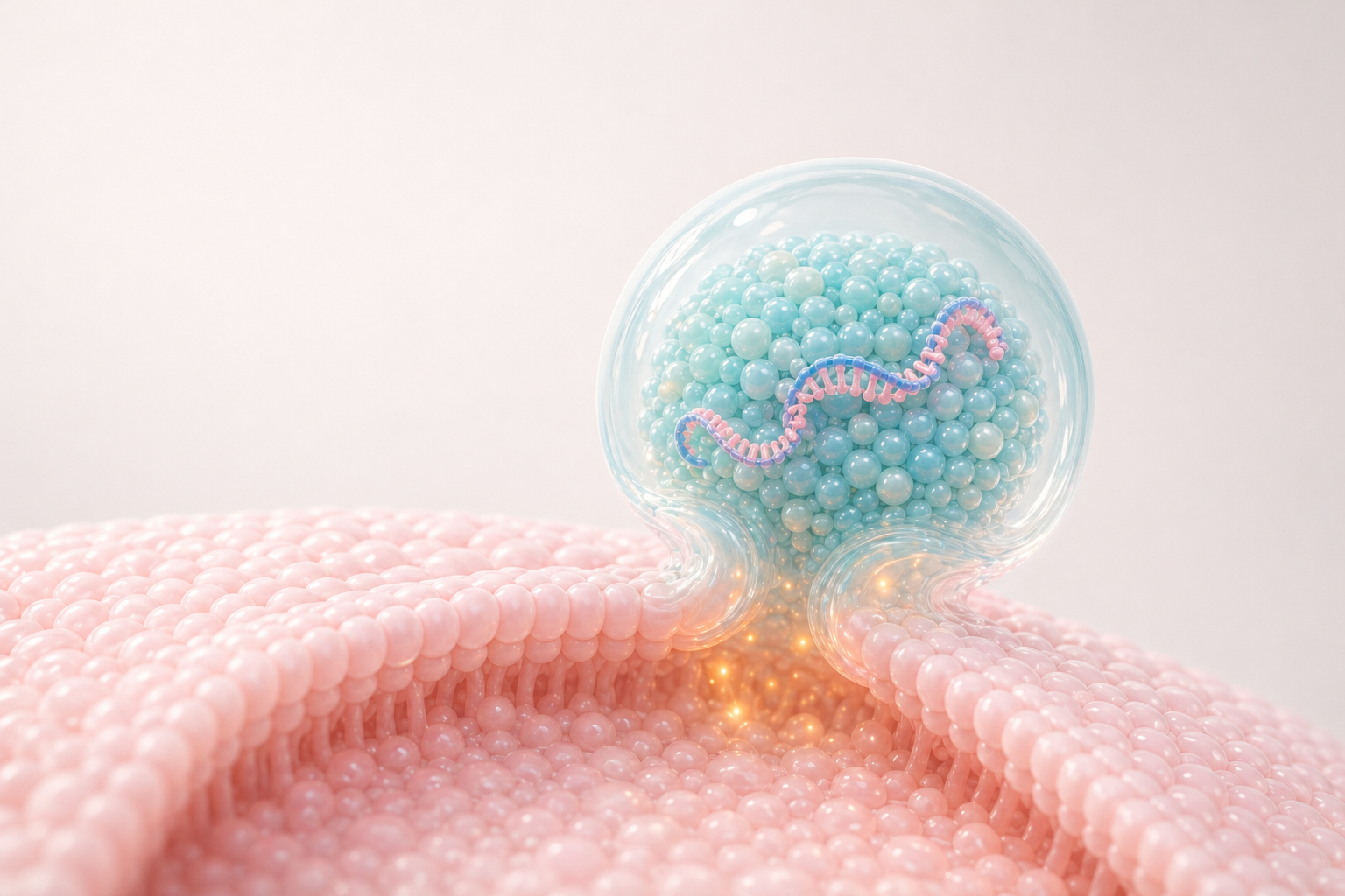 A translucent lipid nanoparticle contacting a soft pastel cell membrane surface