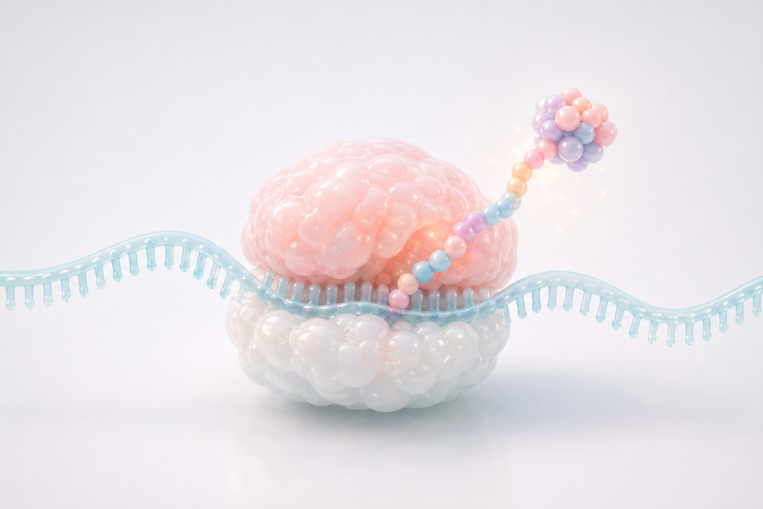 A glossy ribosome-like molecular form translating an mRNA ribbon into a pastel protein cluster