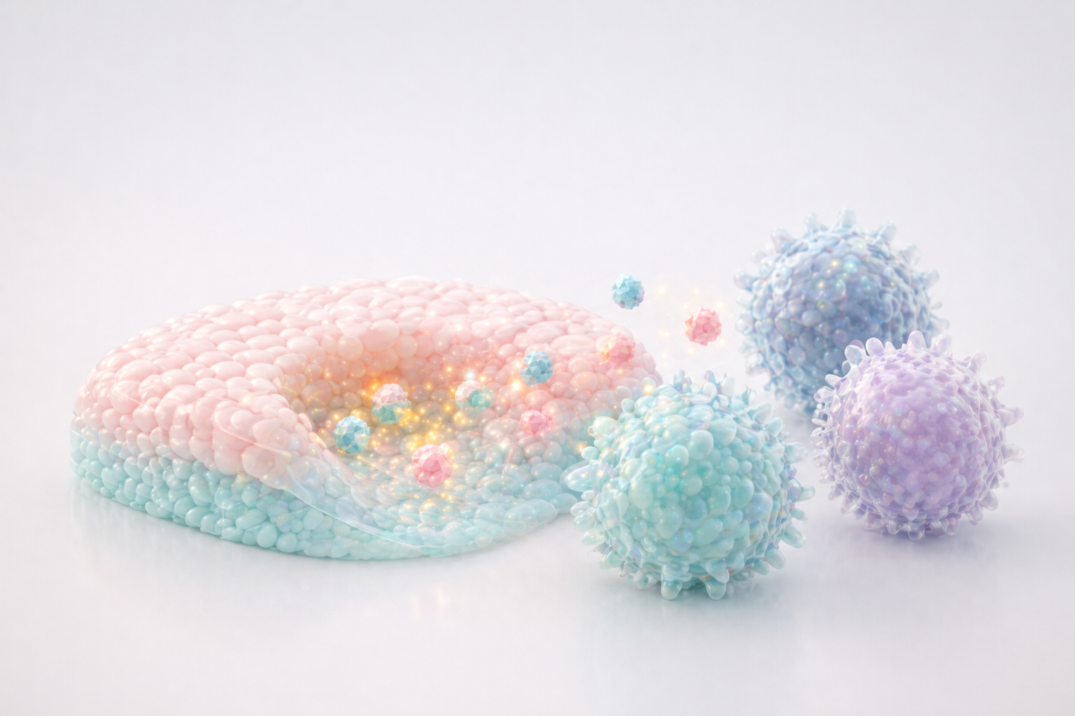 Pastel immune-cell-like spheres responding to antigen particles near a translucent tissue pocket