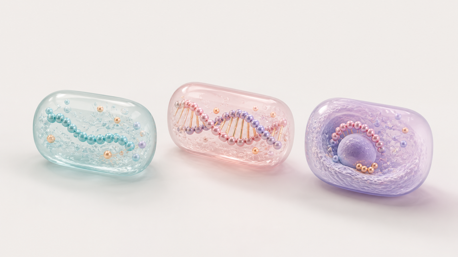 Three glossy pastel oligonucleotide therapy modules showing ASO, duplex and splice-switching visual strategies