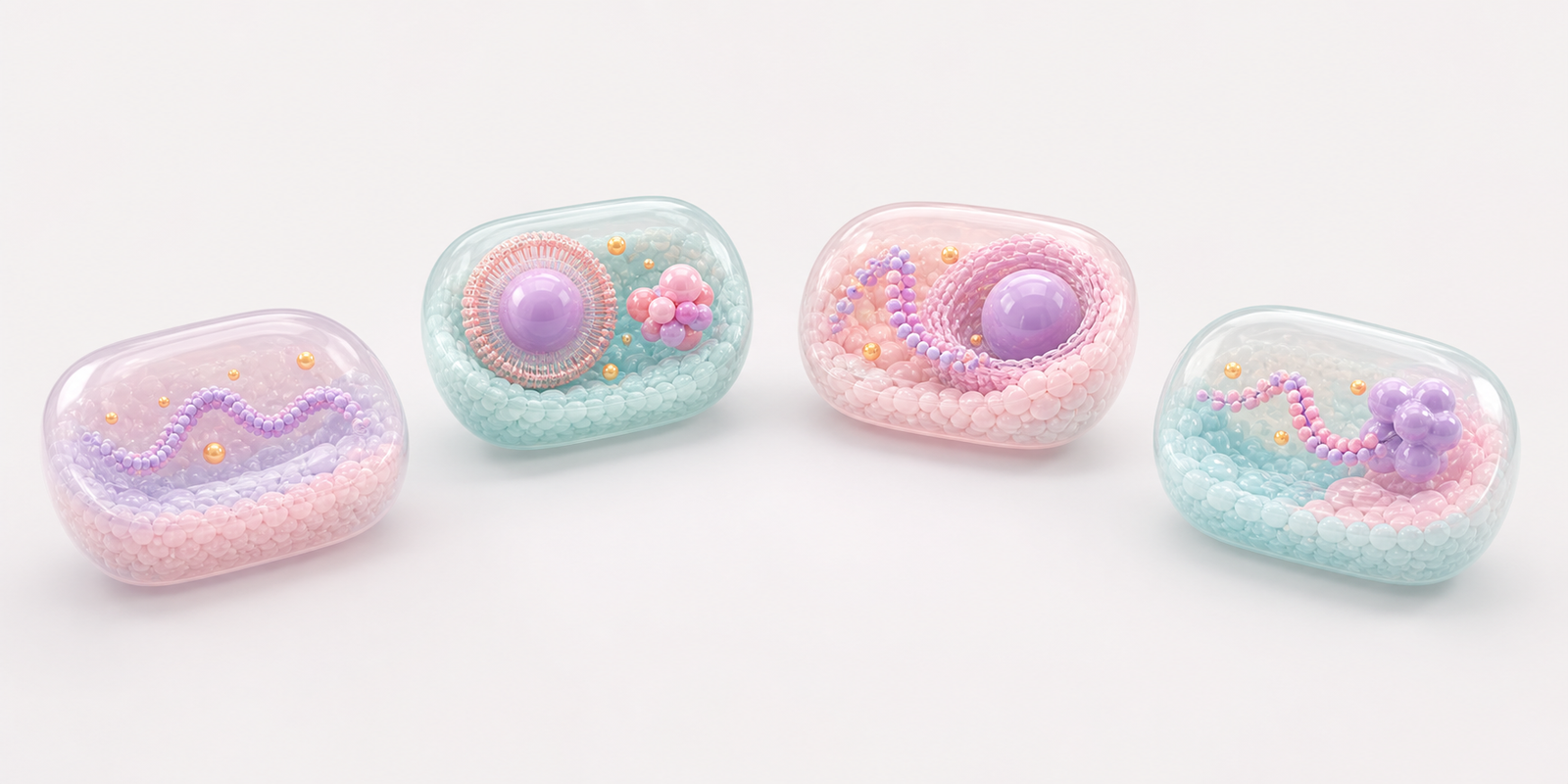 Four modular pastel biomolecular capsules showing oligonucleotide strands, delivery vesicles and target interaction assets