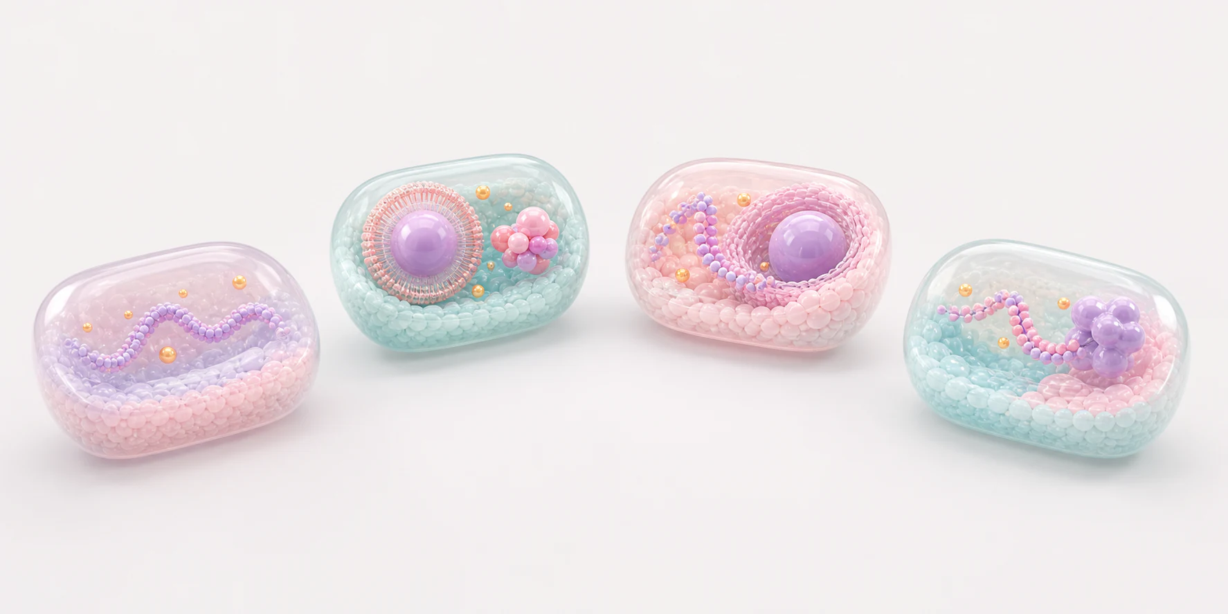 Four modular pastel biomolecular capsules showing oligonucleotide strands, delivery vesicles and target interaction assets