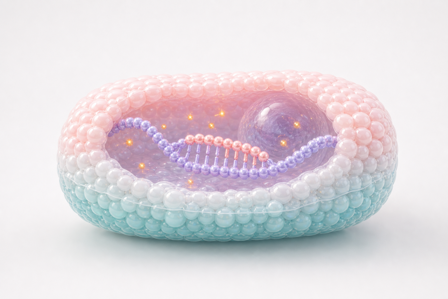 Pearl-like therapeutic oligonucleotide paired with target RNA inside a glossy pastel tissue scene