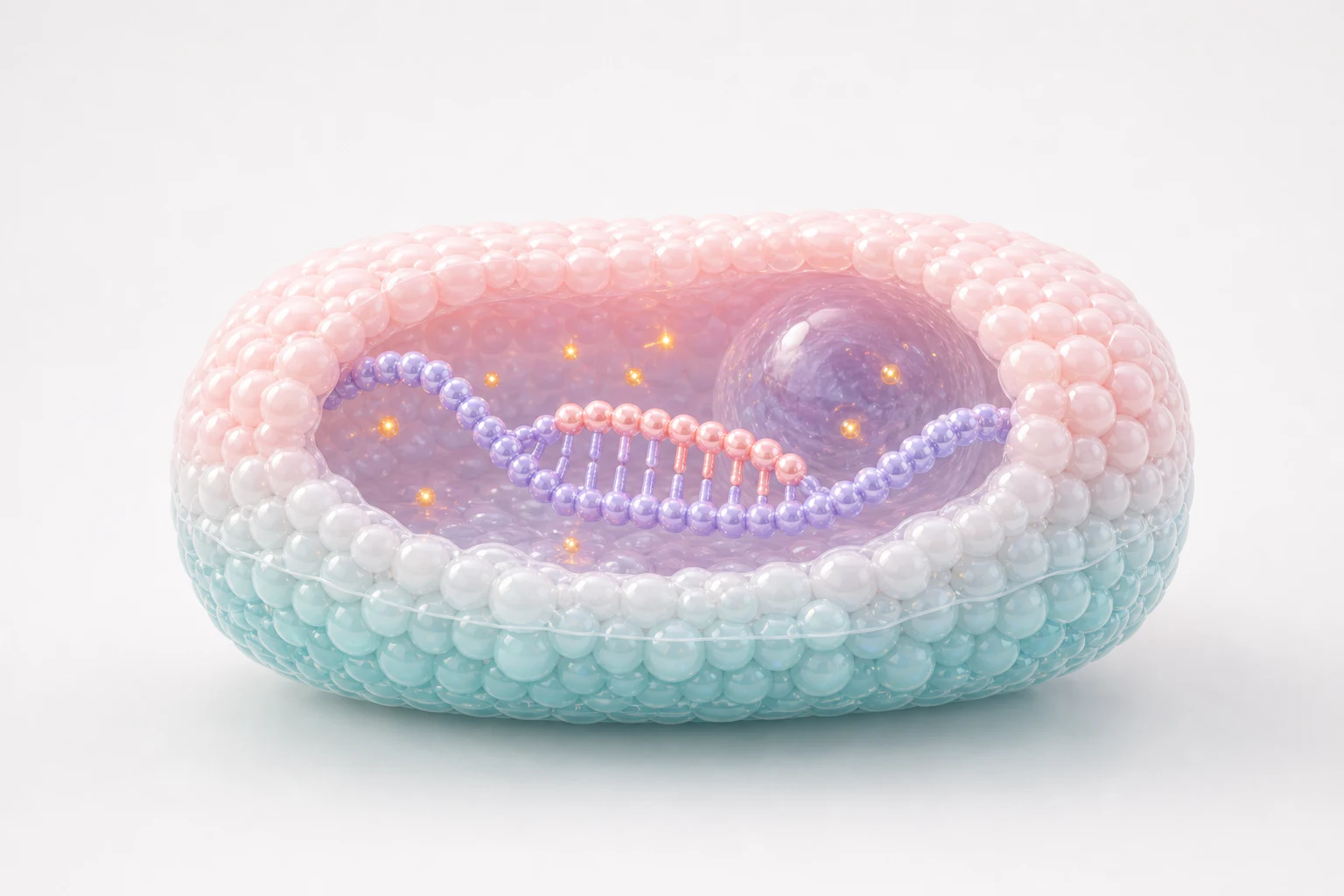 Pearl-like therapeutic oligonucleotide paired with target RNA inside a glossy pastel tissue scene