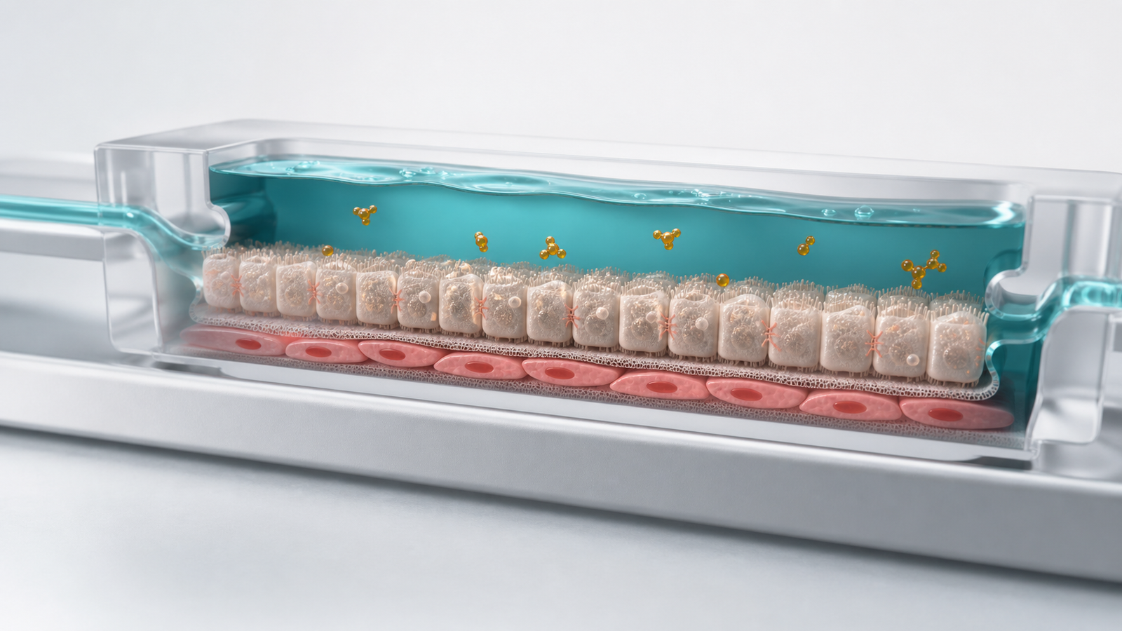 Wide 3D render of a translucent organ-on-chip channel with organized tissue layers and teal perfusion flow.