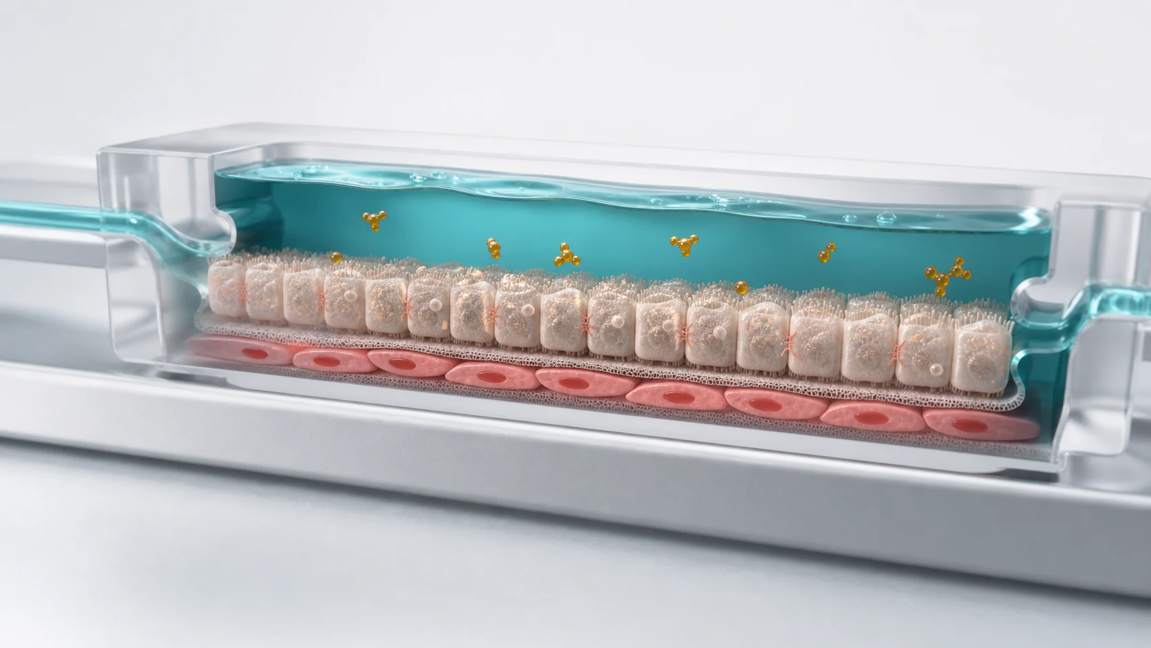 Wide 3D render of a translucent organ-on-chip channel with organized tissue layers and teal perfusion flow.