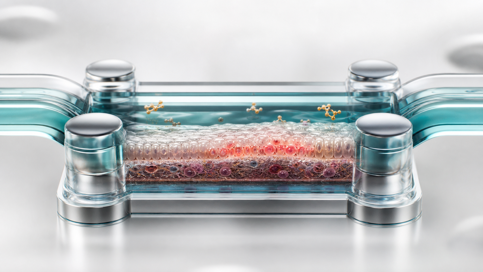 Wide 3D render of an organ-on-chip tissue chamber showing drug molecules and localized cellular response cues.