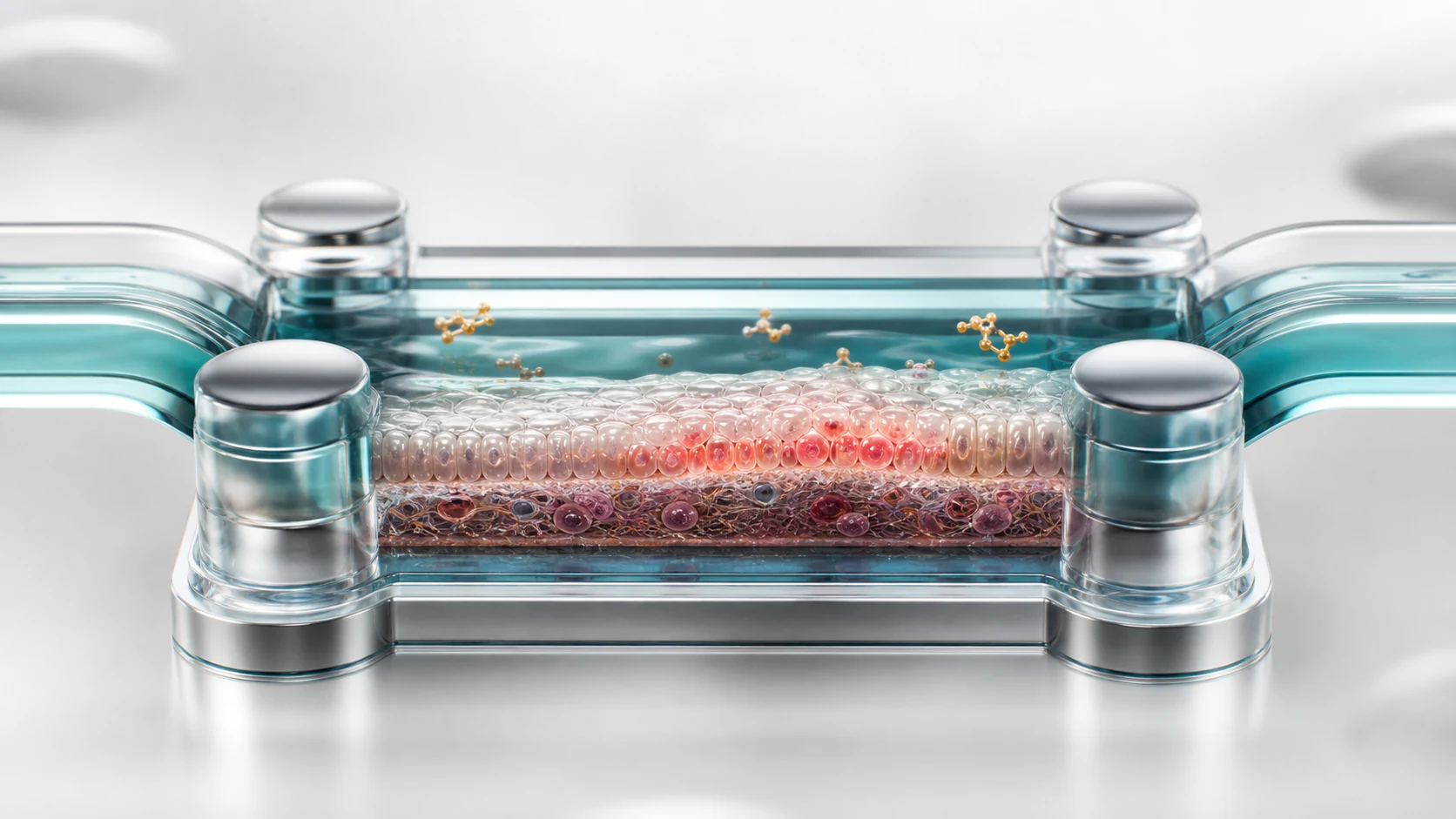 Wide 3D render of an organ-on-chip tissue chamber showing drug molecules and localized cellular response cues.