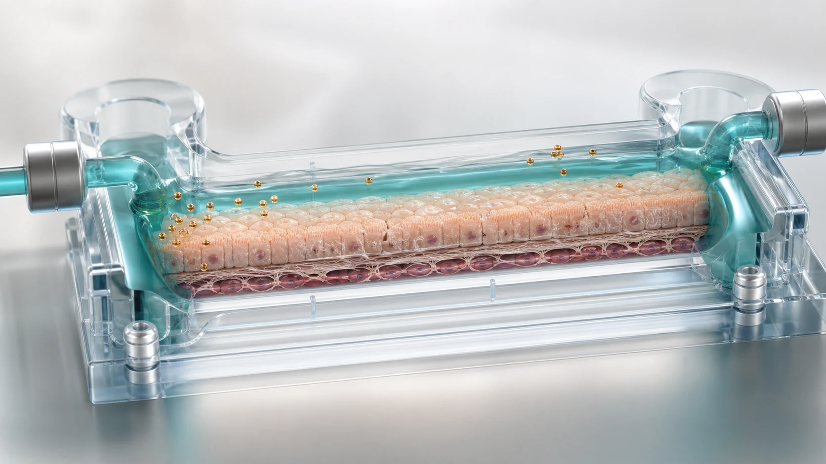 Wide 3D render of a reusable organ-on-chip platform module with structured tissue and teal microfluidic flow.