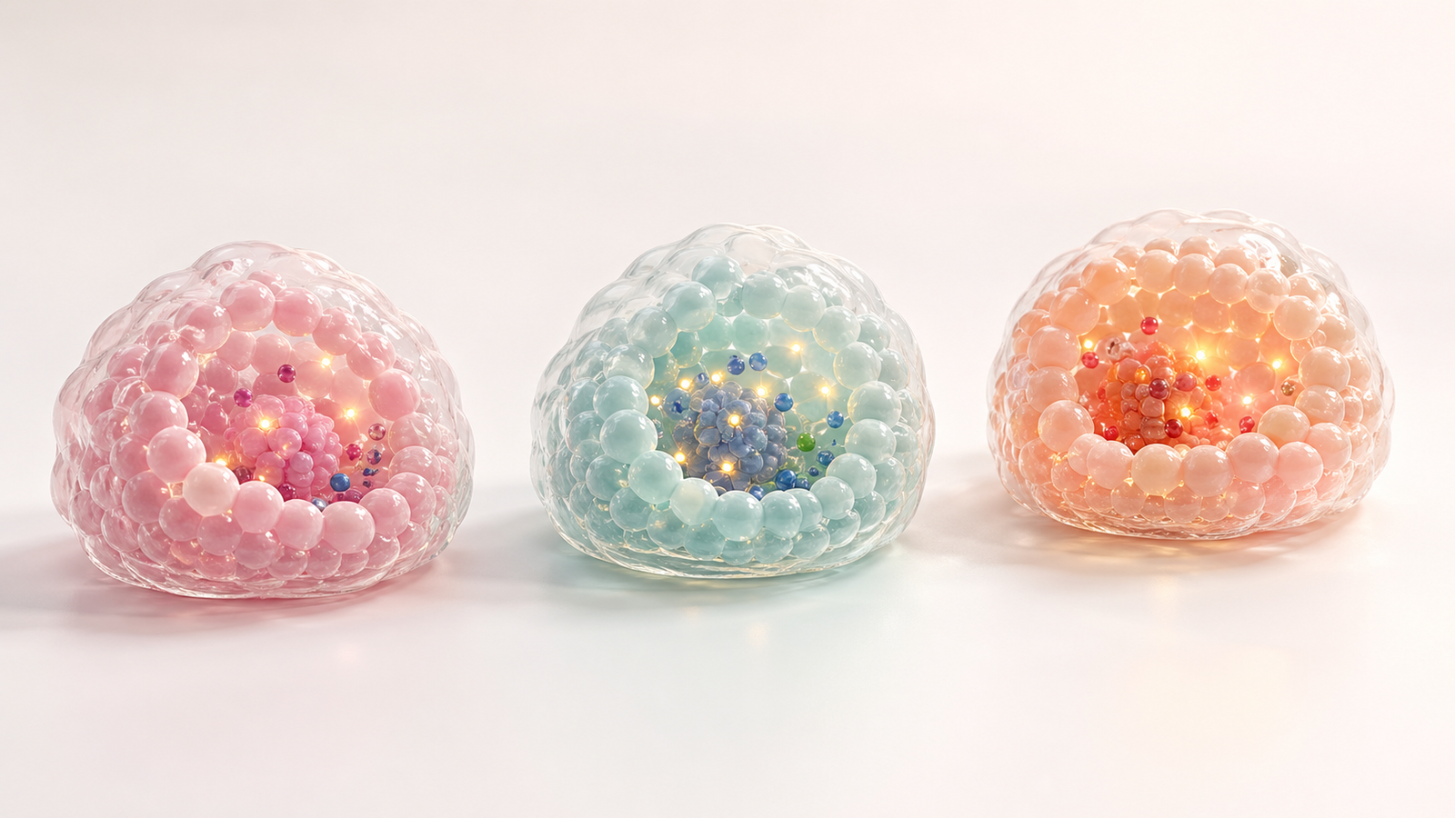 Three glossy pastel organoid domes with internal assay signals on a clean studio background