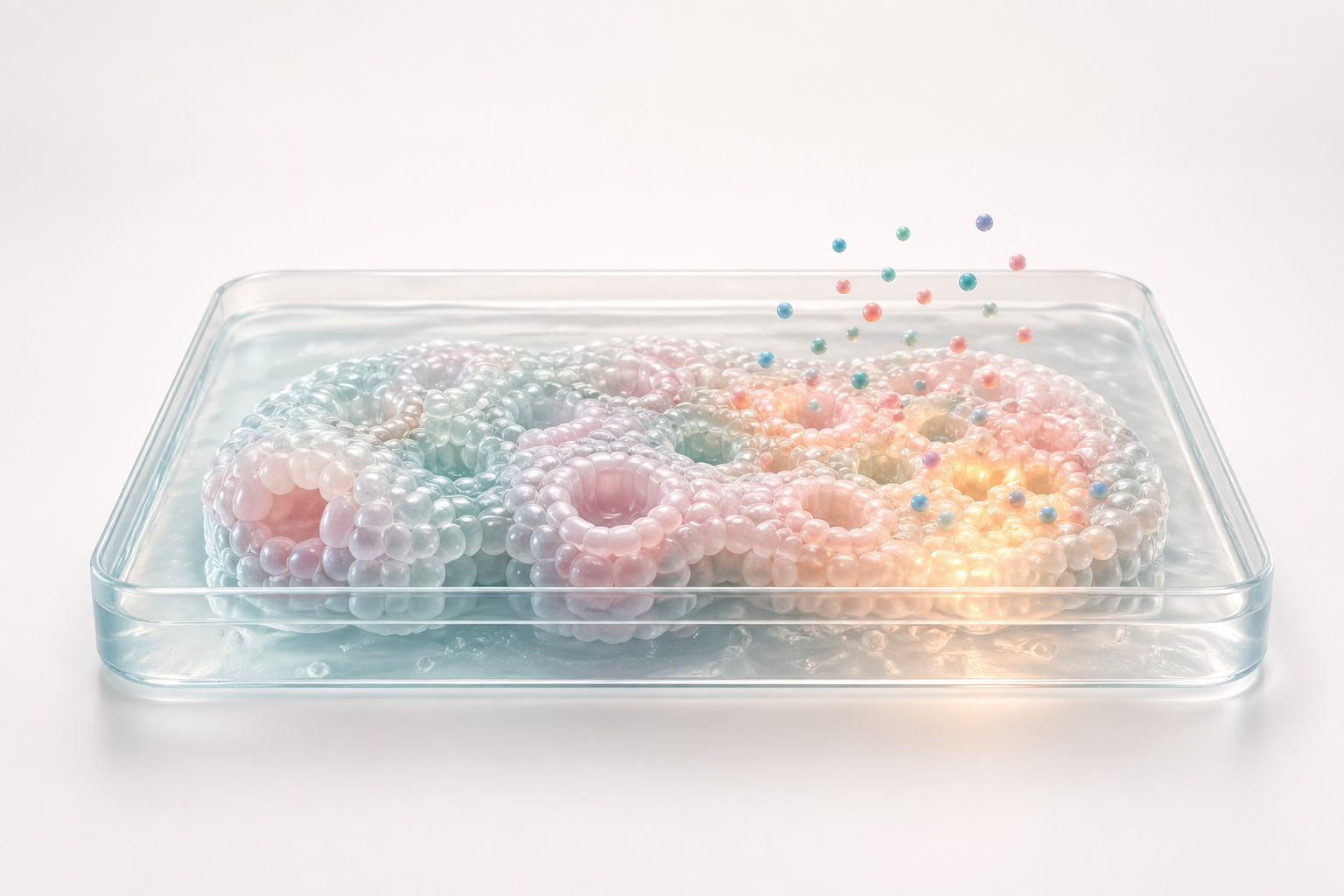 Translucent organoid culture tray with pastel treatment beads and warm response glows
