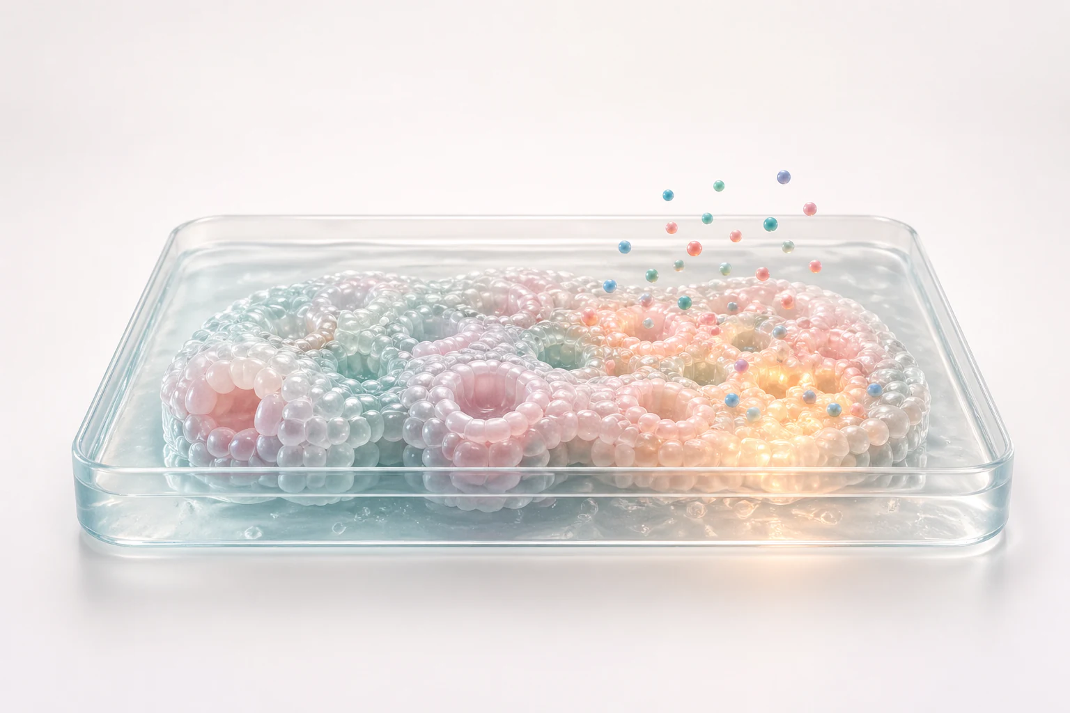 Translucent organoid culture tray with pastel treatment beads and warm response glows