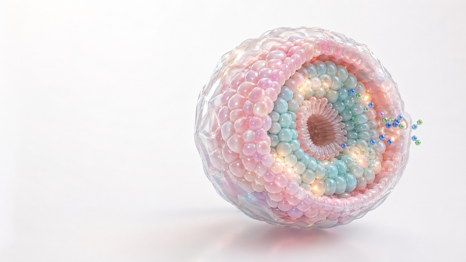 Cutaway pastel organoid with translucent shell, layered cells and small molecular signal beads