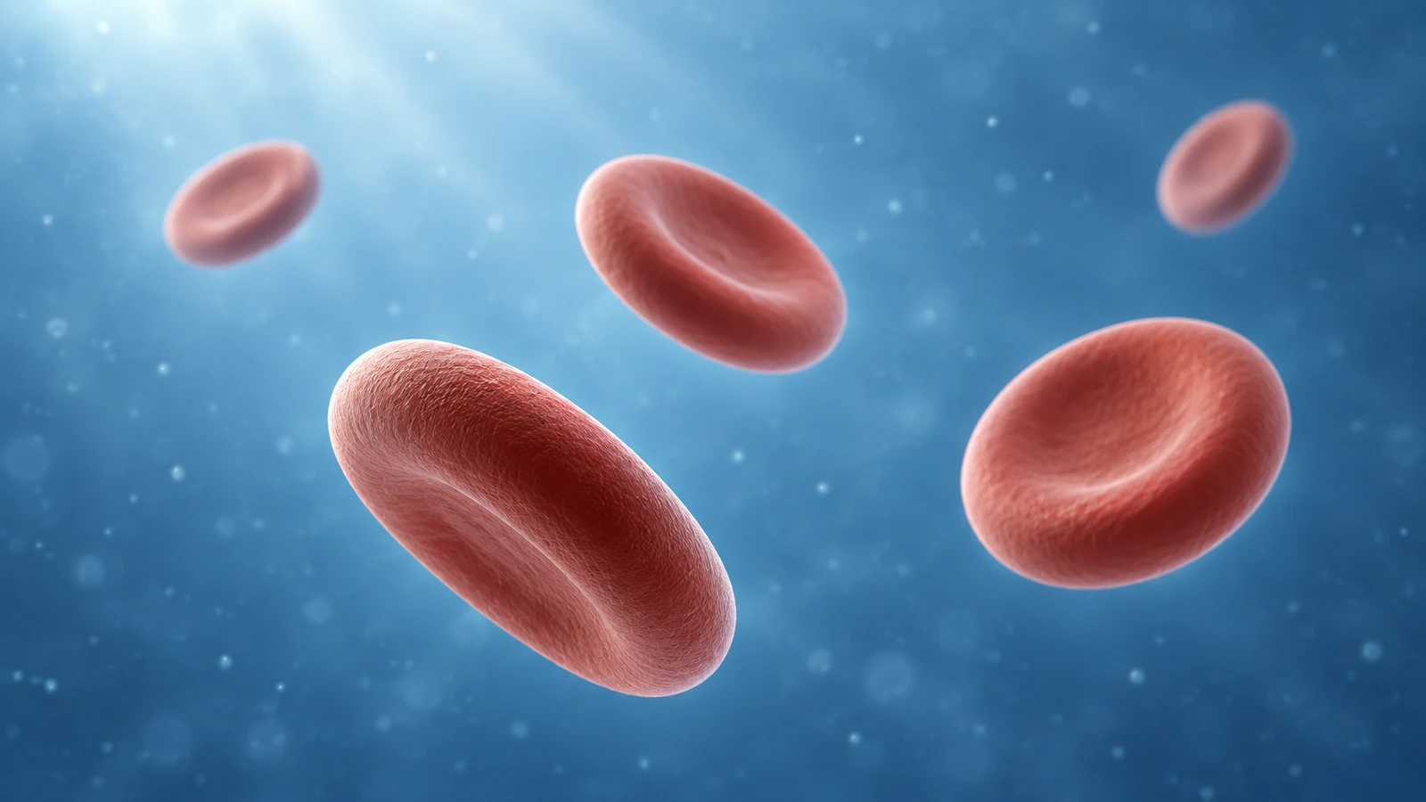 Several intact biconcave red blood cells at different depths in a clear blue surrounding medium.