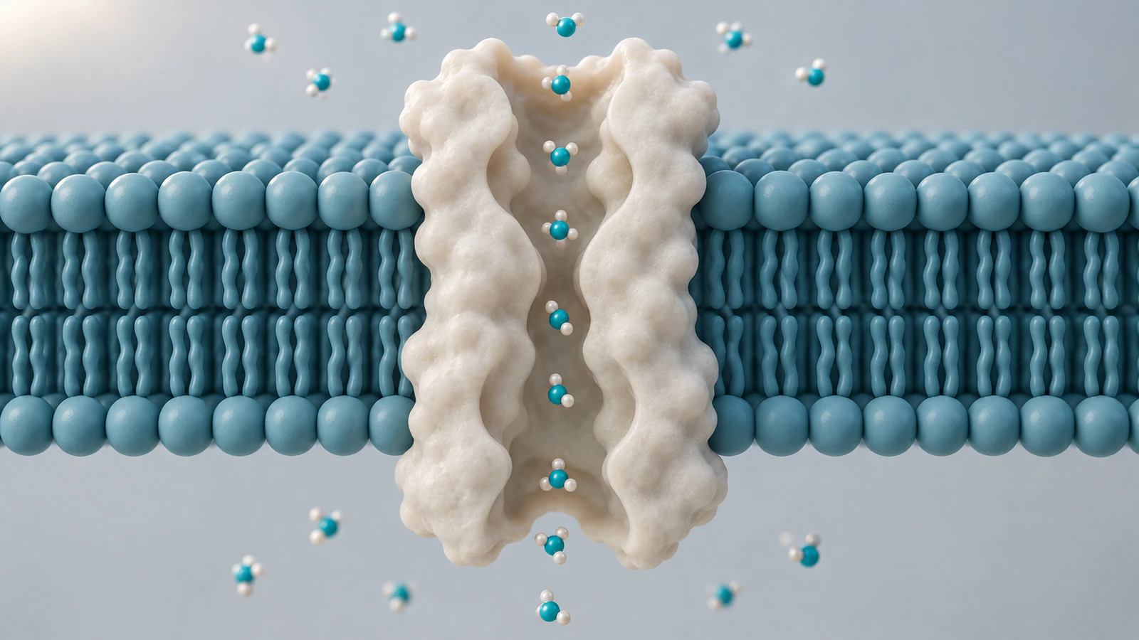 Conceptual cutaway of one water-channel subunit spanning a lipid bilayer, with small water representations in its pore.