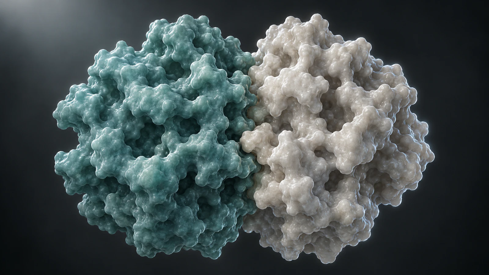 Two irregular teal and pearl conceptual protein surfaces meet along a visible intersubunit seam