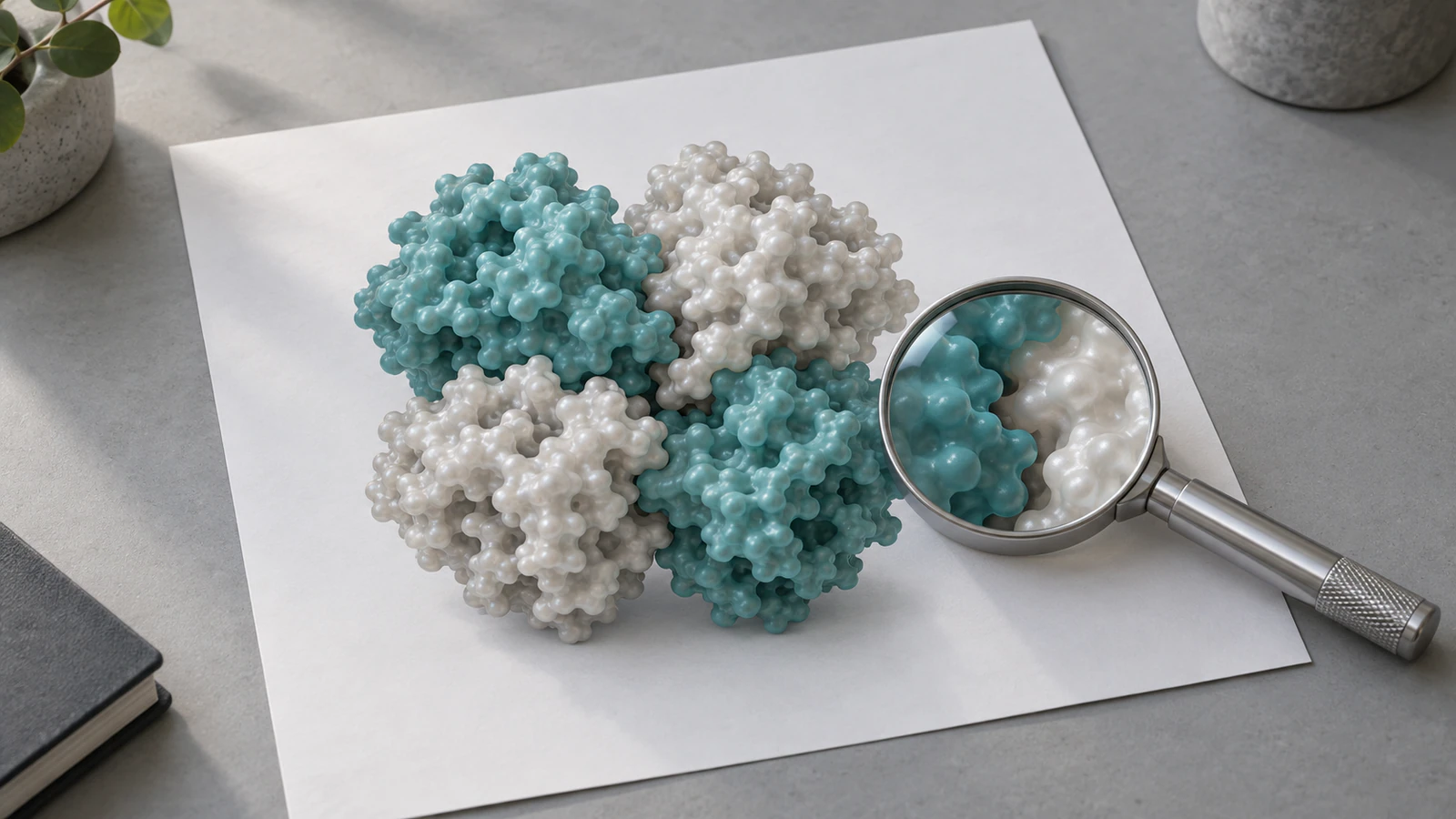 Printed conceptual four-subunit protein illustration with a metal magnifier over one interface