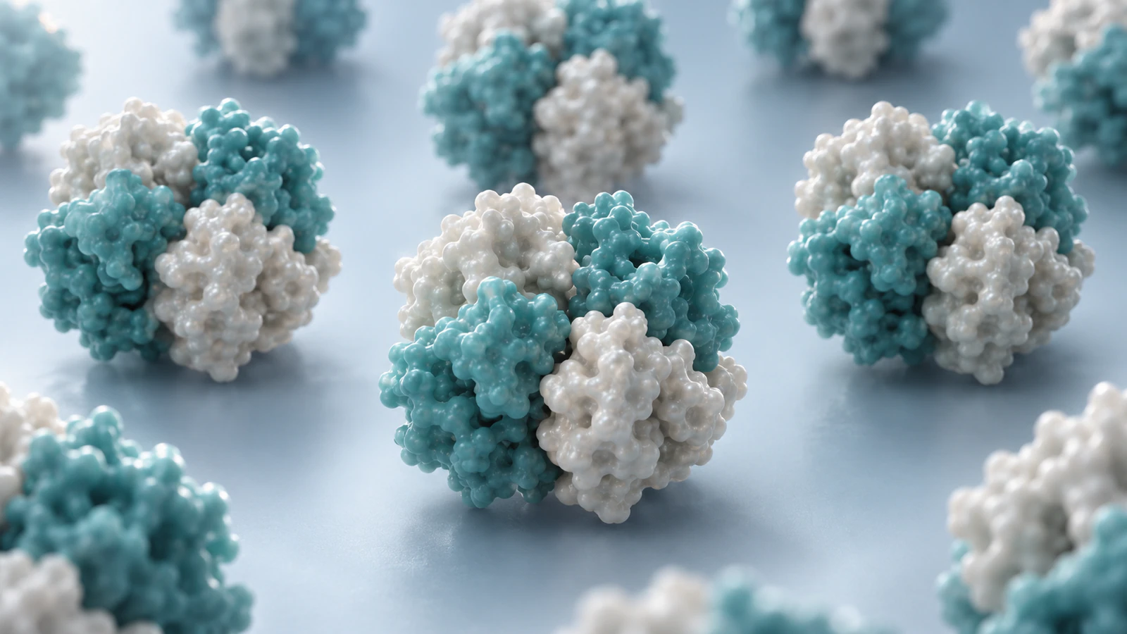 Conceptual repeating array of separate four-subunit protein complexes on a pale-blue background