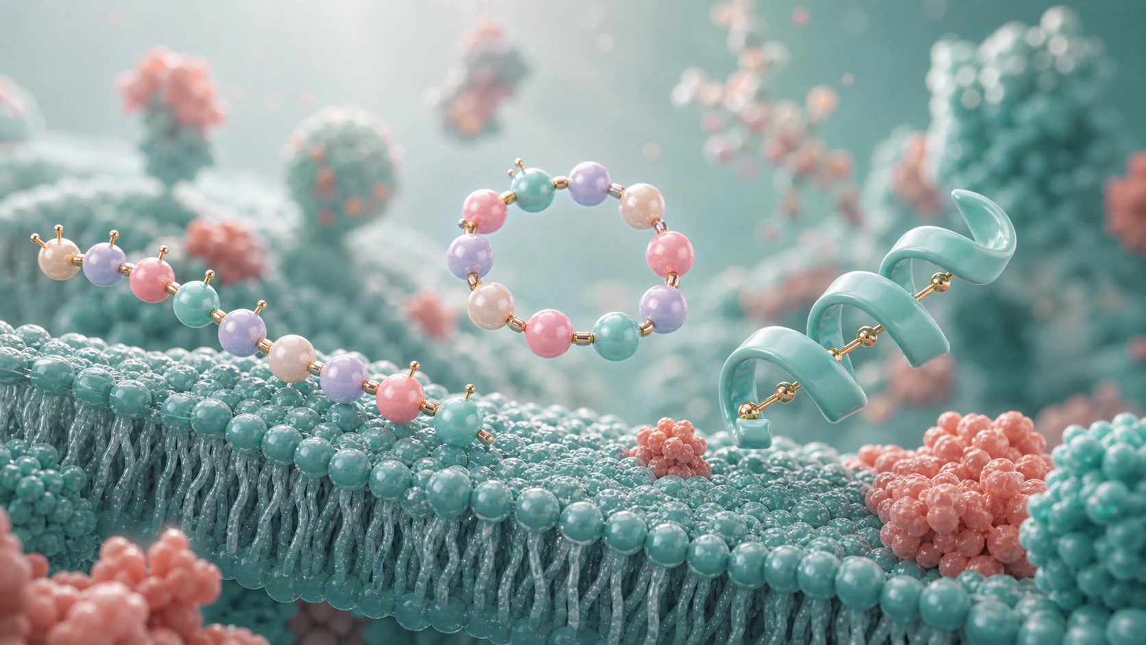 Linear cyclic and helical peptide modalities rendered above a teal biomolecular membrane with coral protein clusters